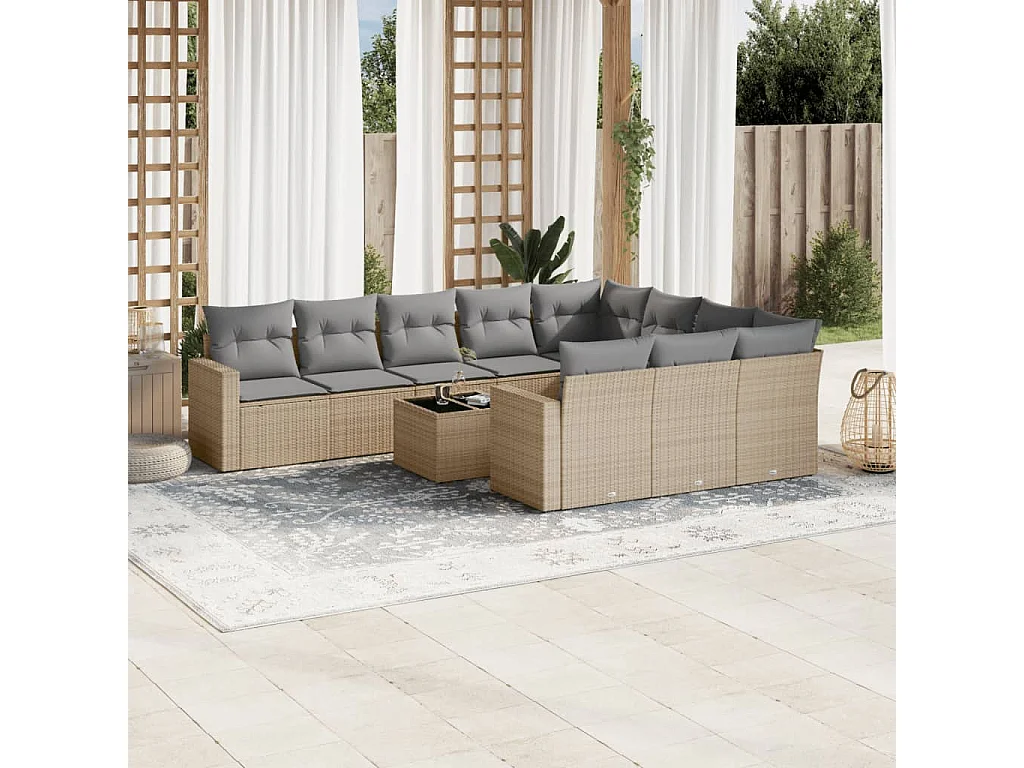 Salon de jardin 11 pcs avec coussins beige résine tressée