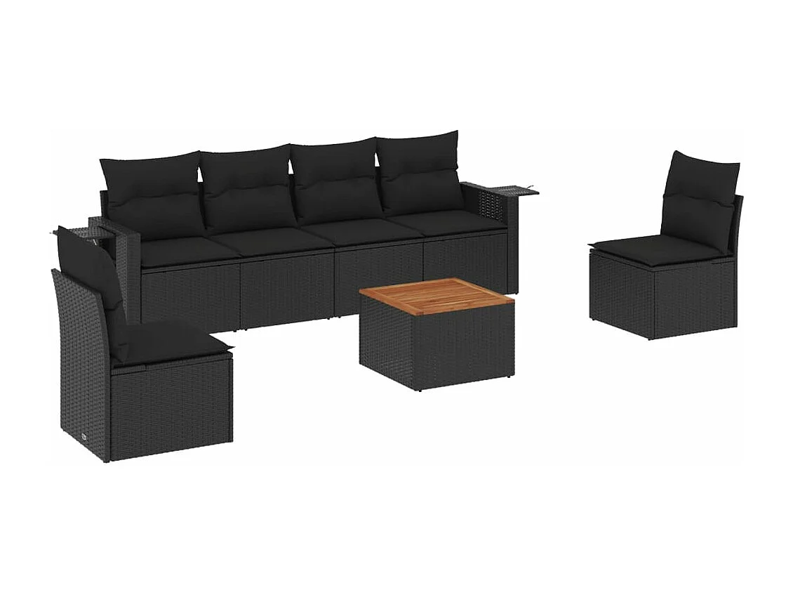 Mobili da giardino 7 pezzi con cuscini in resina intrecciata nera