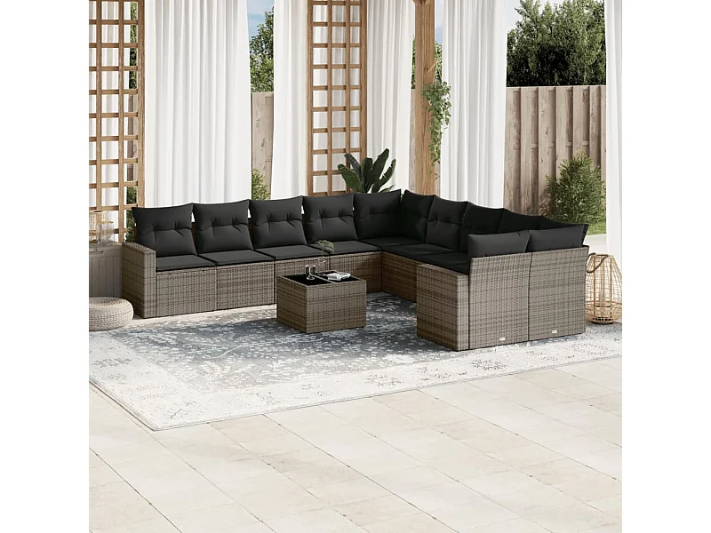 Salon de jardin 11 pcs avec coussins gris résine tressée