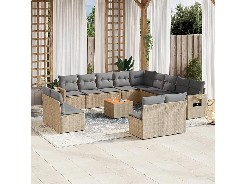 Salon de jardin avec coussins 14 pcs beige résine tressée