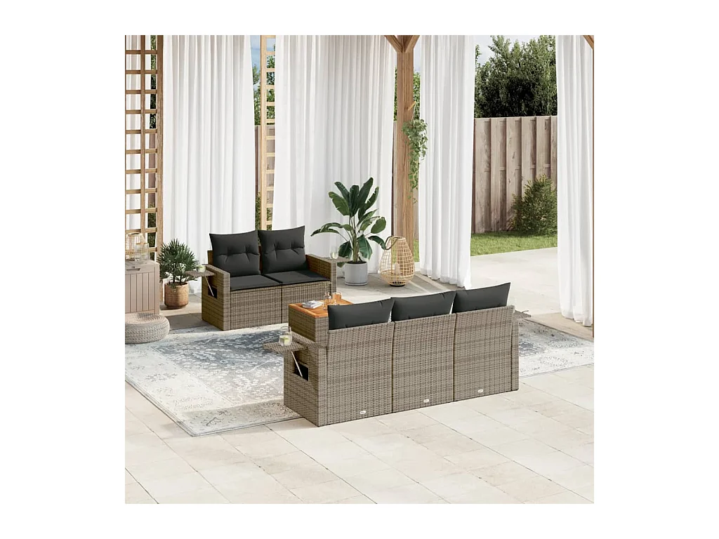 Salon de jardin 6 pcs avec coussins gris résine tressée