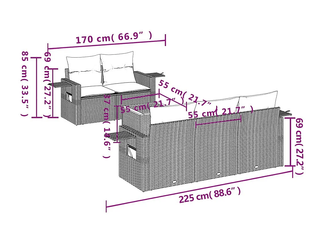 Salon de jardin 6 pcs avec coussins gris résine tressée