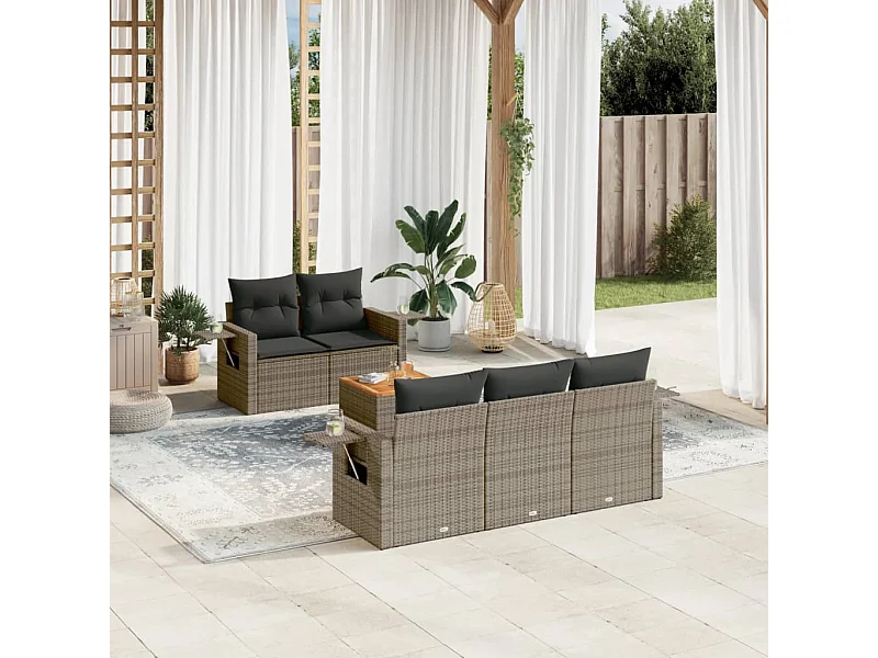 Salon de jardin 6 pcs avec coussins gris résine tressée