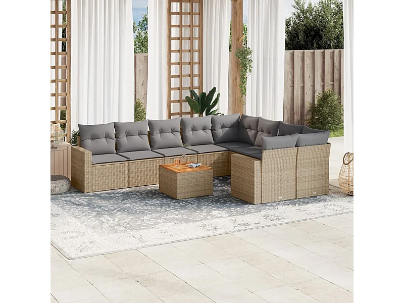 Salon de jardin avec coussins 10 pcs beige résine tressée