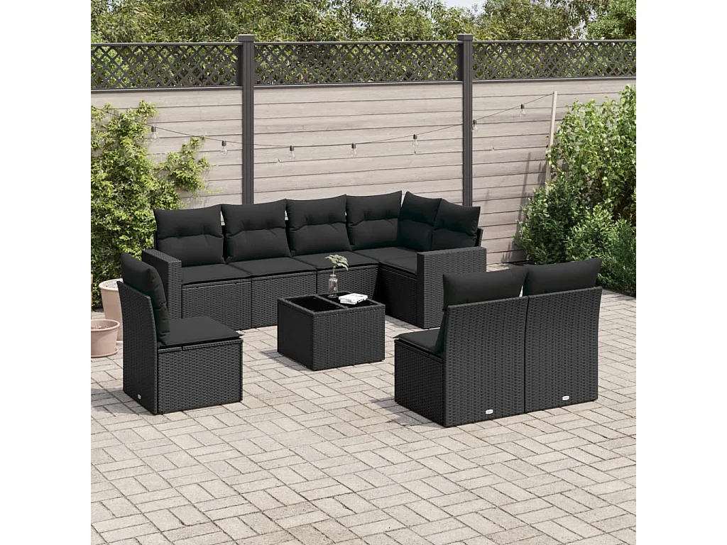 Salon de jardin 9 pcs avec coussins noir résine tressée