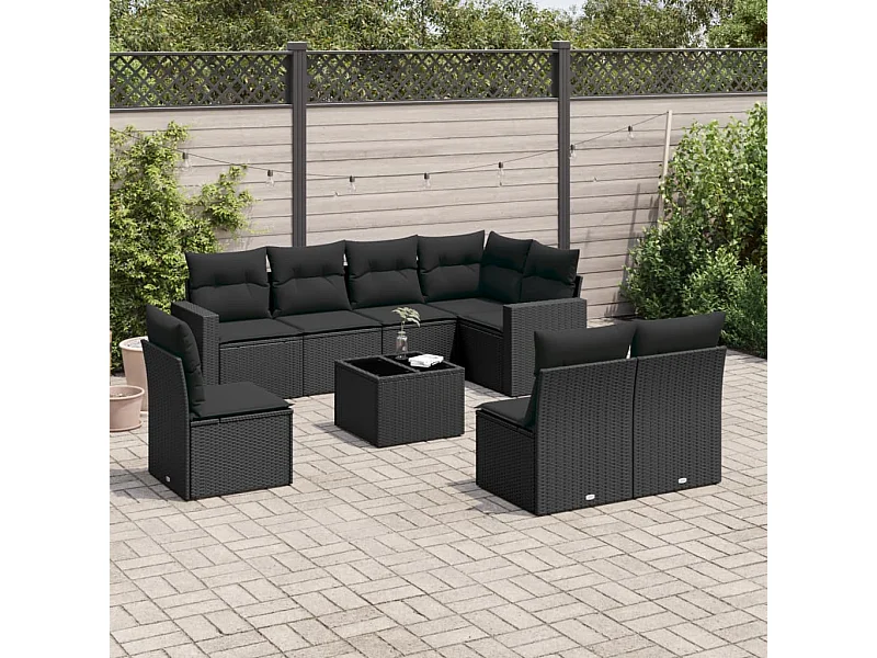 Salon de jardin 9 pcs avec coussins noir résine tressée