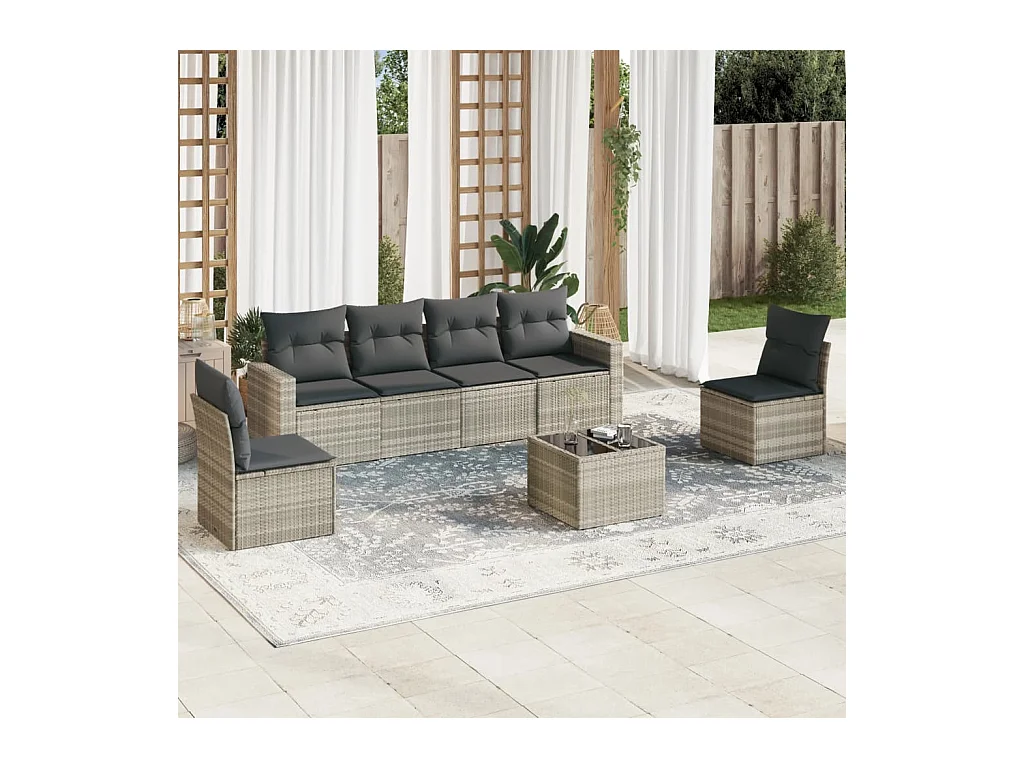 Salon de jardin avec coussins 7 pcs gris clair résine tressée