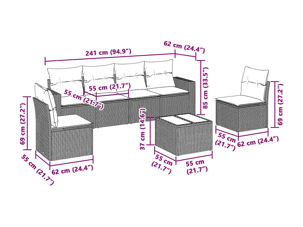 Tuinmeubelen met kussens 7 stuks lichtgrijs geweven hars