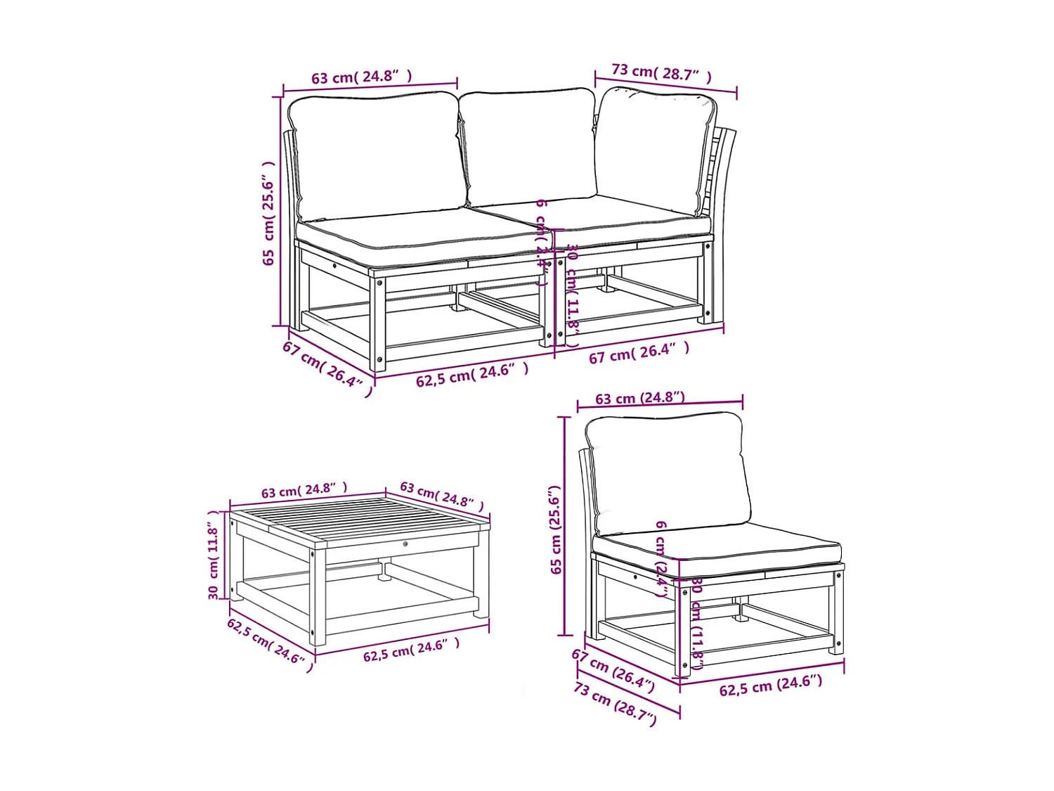 Muebles de jardín con cojines 5 piezas Madera maciza de acacia