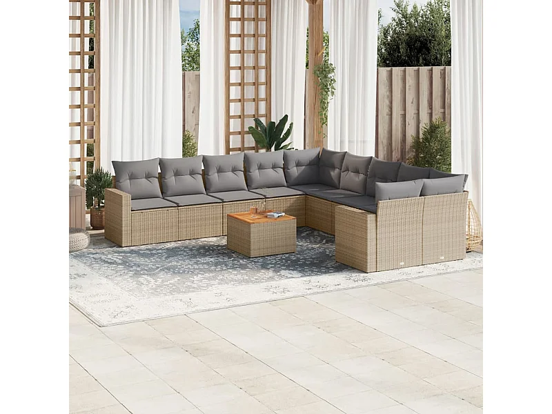 Salon de jardin 11 pcs avec coussins beige résine tressée