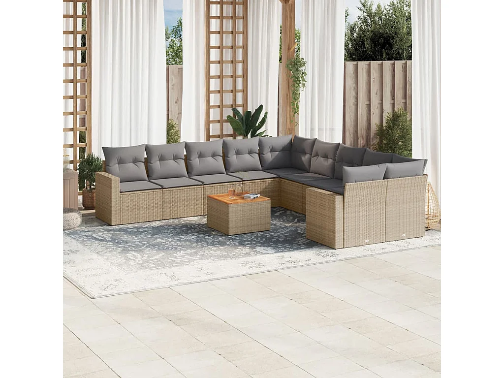Salon de jardin 11 pcs avec coussins beige résine tressée