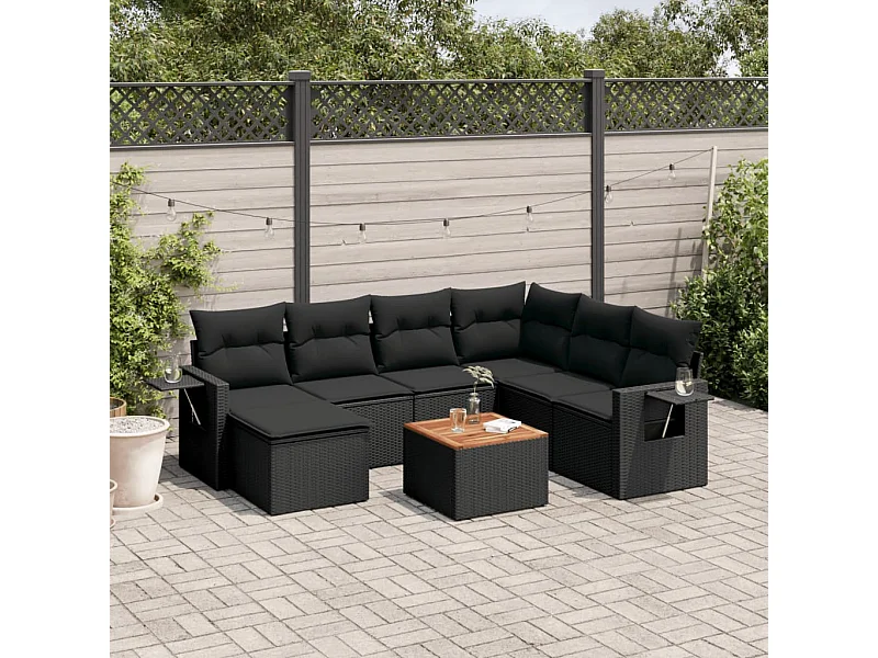 Salon de jardin 8 pcs avec coussins noir résine tressée