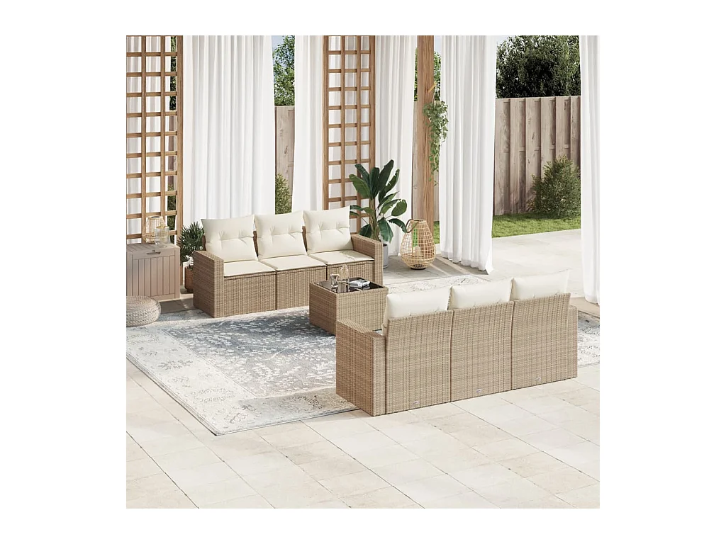 Mobile da giardino con cuscini 7 pz in resina intrecciata beige