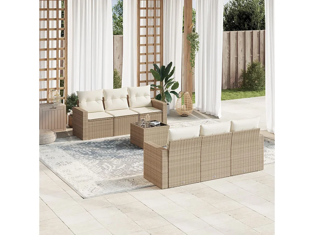 Salon de jardin avec coussins 7 pcs beige résine tressée