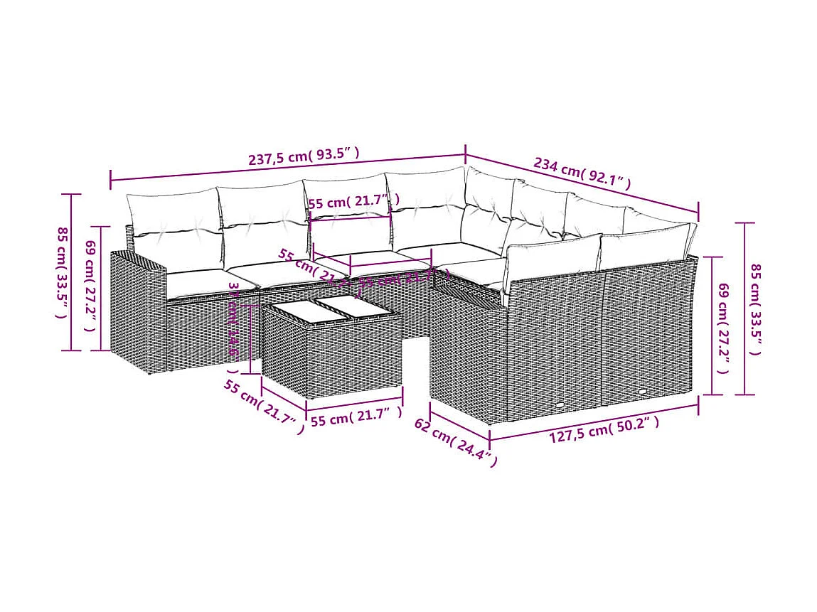 Salon de jardin 9 pcs avec coussins gris résine tressée