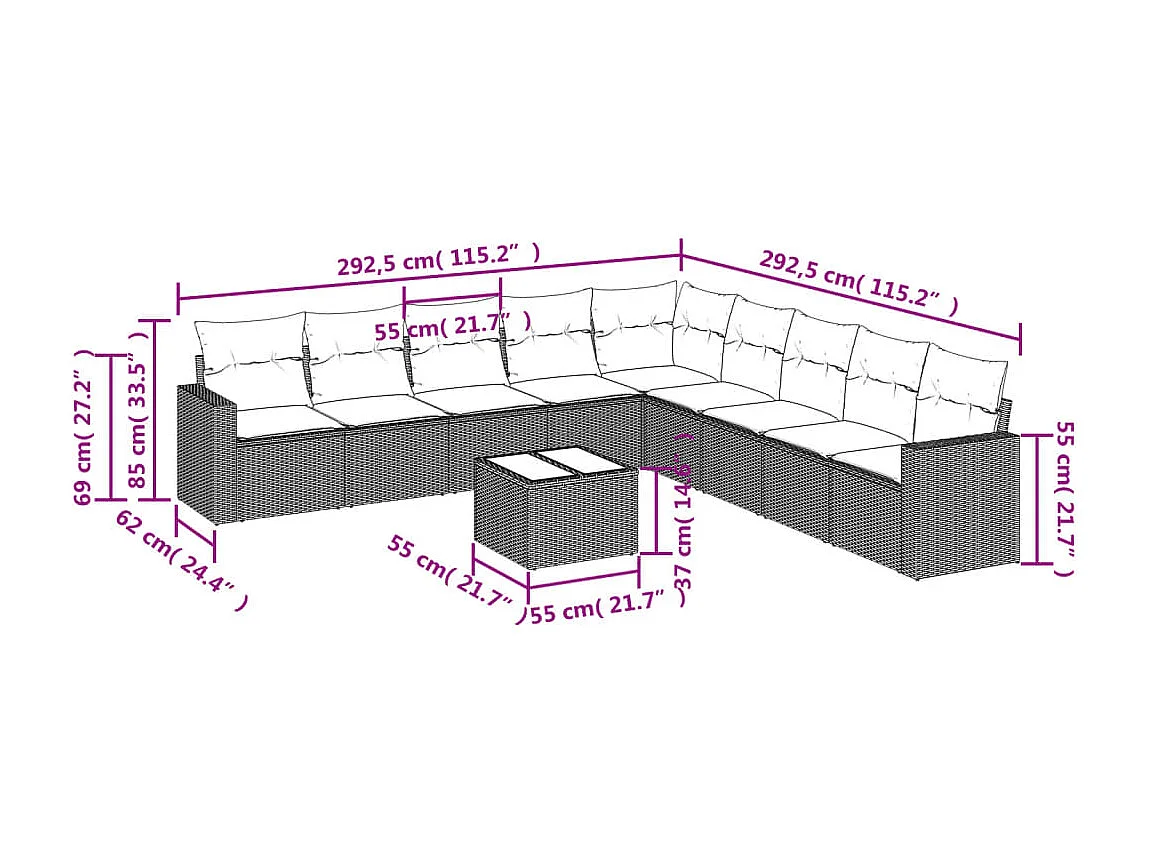 Muebles de jardín con cojines 10 piezas resina tejida gris.