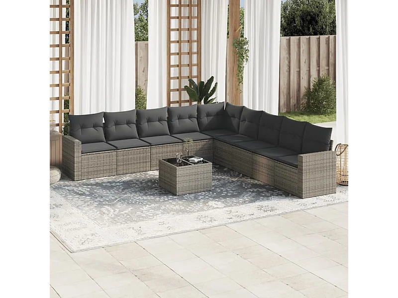 Salon de jardin avec coussins 10 pcs gris résine tressée