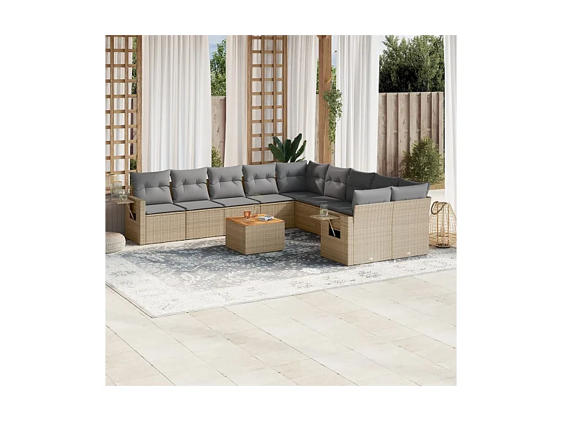 Salon de jardin 11 pcs avec coussins beige résine tressée