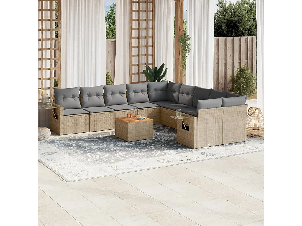 Salon de jardin 11 pcs avec coussins beige résine tressée