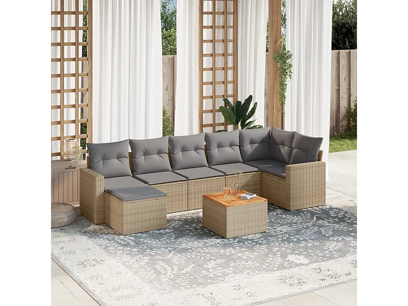Salon de jardin avec coussins 8 pcs beige résine tressée