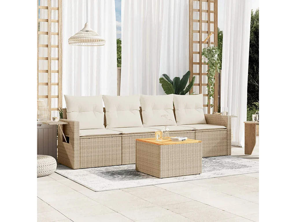 Mobile da giardino con cuscini 5 pz in resina intrecciata beige