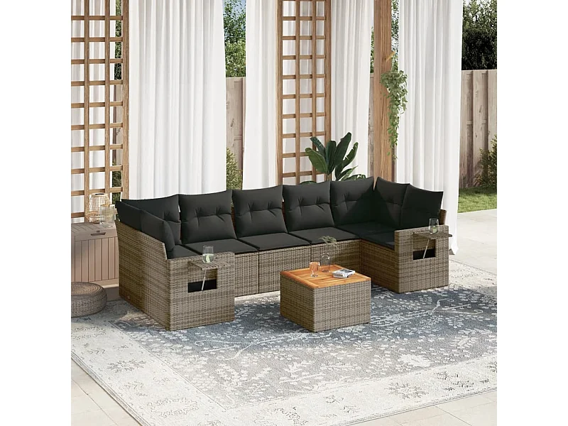 Salon de jardin 8 pcs avec coussins gris résine tressée
