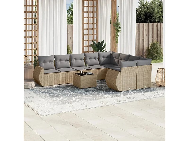 Muebles de jardín con cojines 10 piezas resina tejida beige