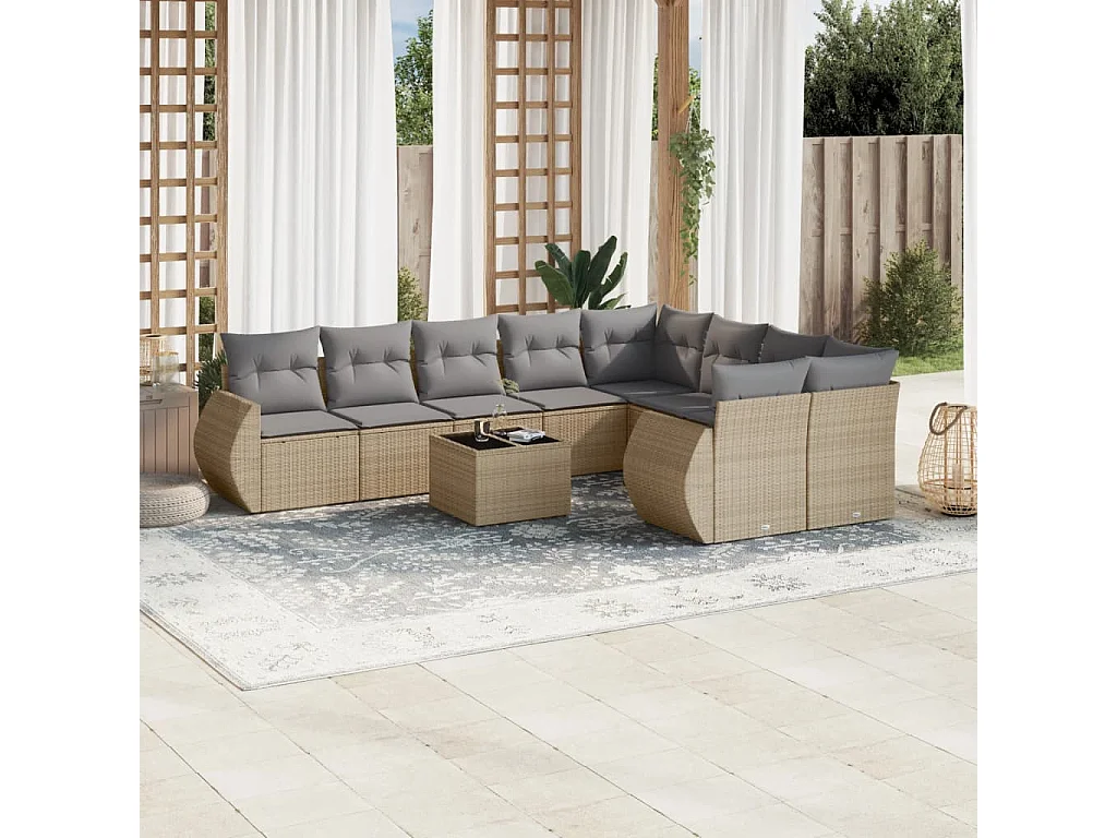 Salon de jardin avec coussins 10 pcs beige résine tressée