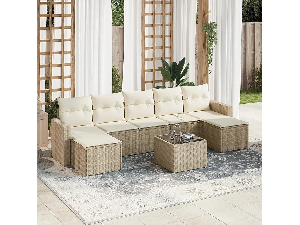 Mobile da giardino con cuscini 8 pz in resina intrecciata beige