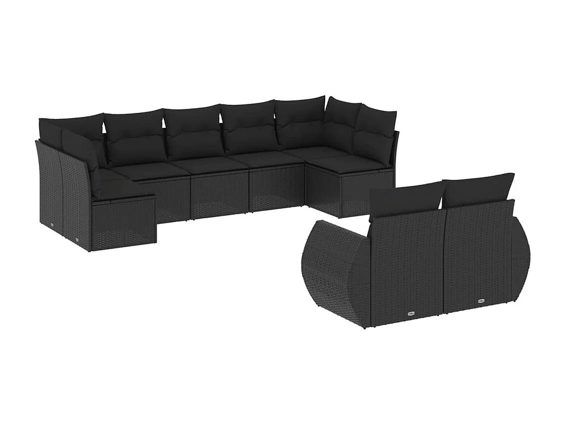 Salon de jardin 9 pcs avec coussins noir résine tressée