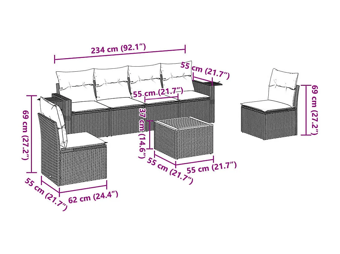 Salon de jardin avec coussins 7 pcs gris résine tressée