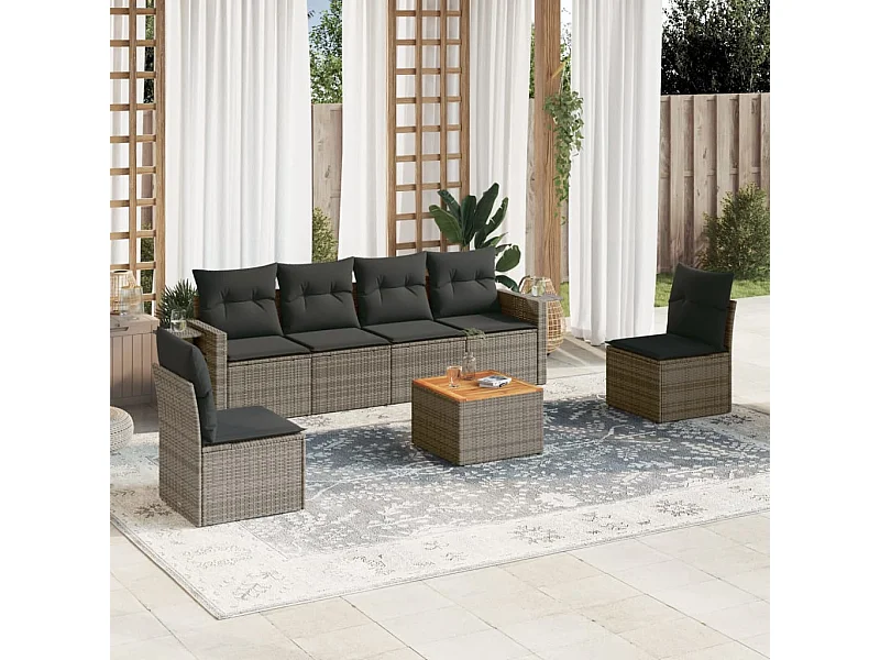 Salon de jardin avec coussins 7 pcs gris résine tressée