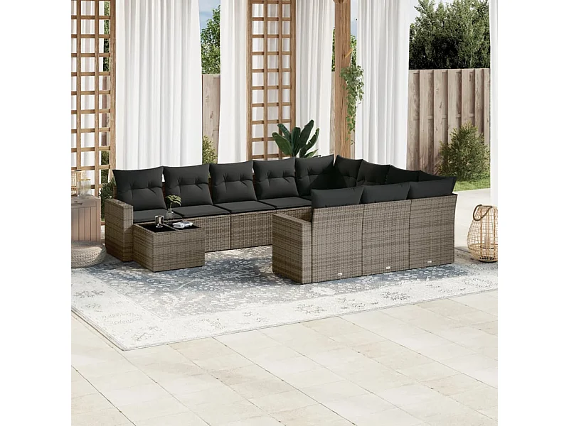 Salon de jardin 11 pcs avec coussins gris résine tressée