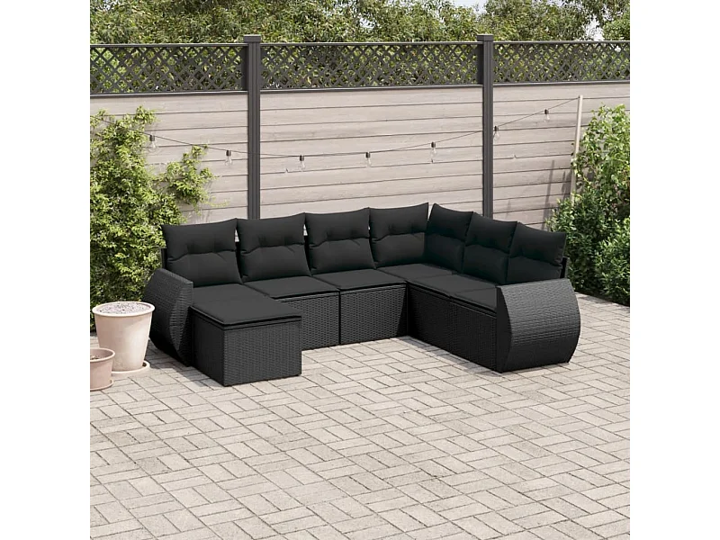 Salon de jardin 7 pcs avec coussins noir résine tressée