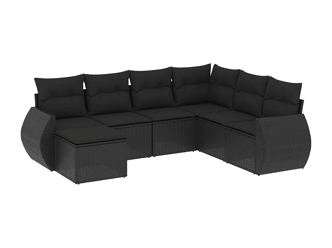 Salon de jardin 7 pcs avec coussins noir résine tressée