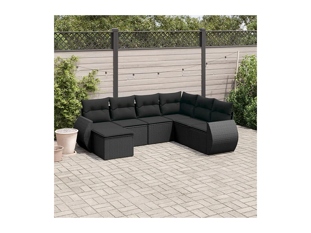 Salon de jardin 7 pcs avec coussins noir résine tressée