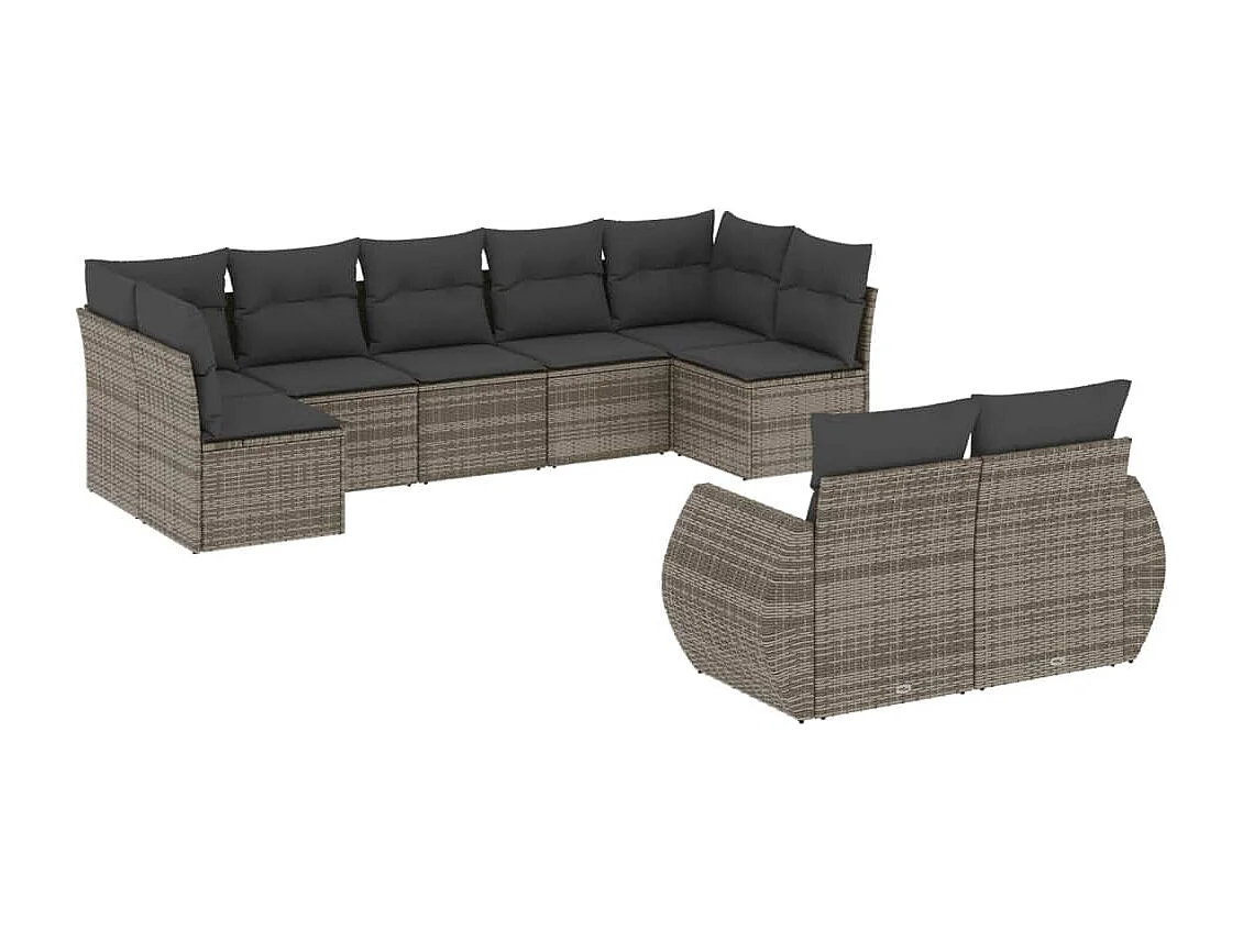 Salon de jardin 9 pcs avec coussins gris résine tressée