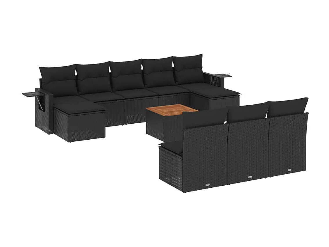 Salon de jardin 11 pcs avec coussins noir résine tressée