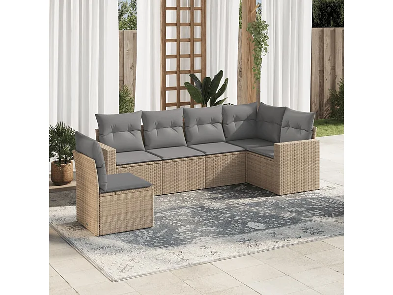 Mobile da giardino con cuscini 6 pz in resina intrecciata beige