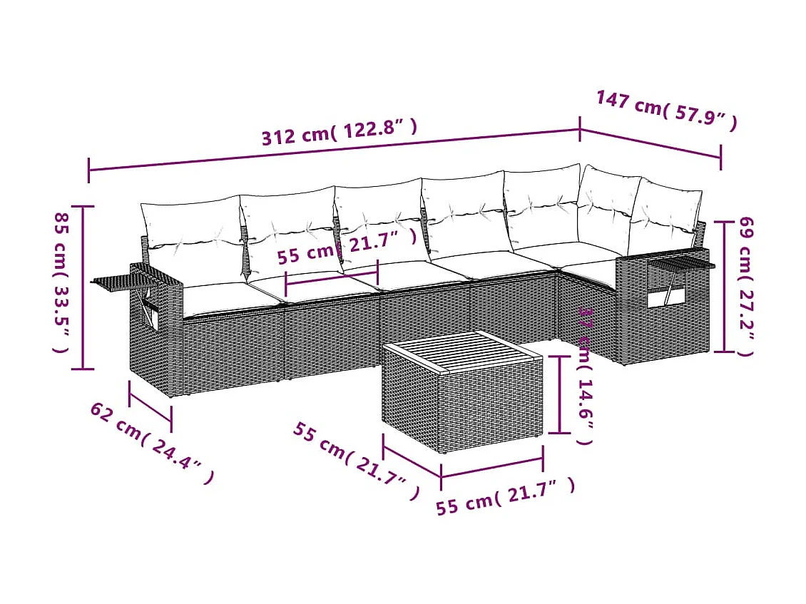 Salon de jardin avec coussins 7 pcs gris résine tressée