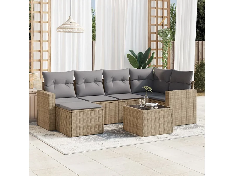 Mobile da giardino con cuscini 7 pz in resina intrecciata beige