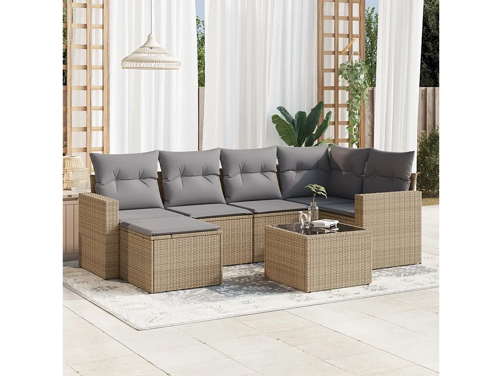 Salon de jardin avec coussins 7 pcs beige résine tressée