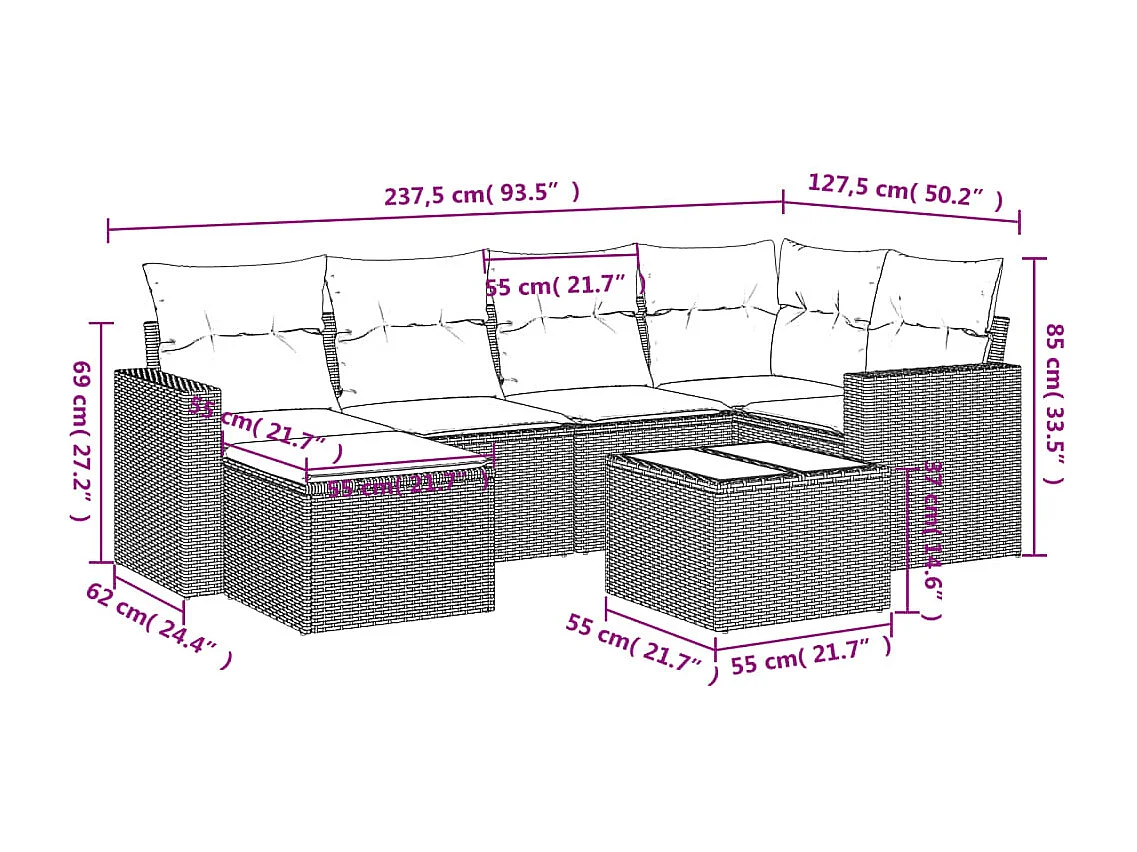 Salon de jardin avec coussins 7 pcs beige résine tressée