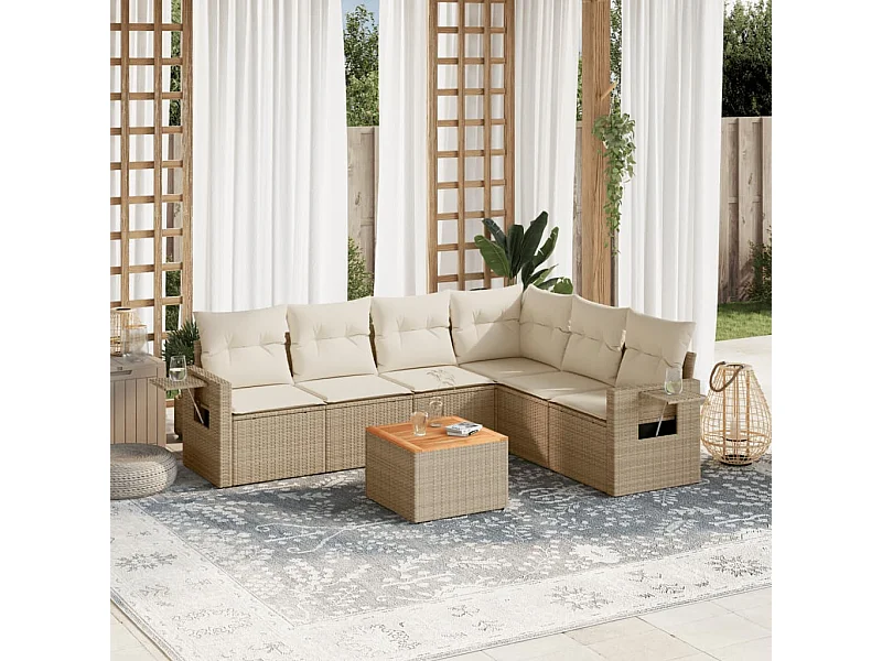 Muebles de jardín con cojines 7 piezas resina tejida beige