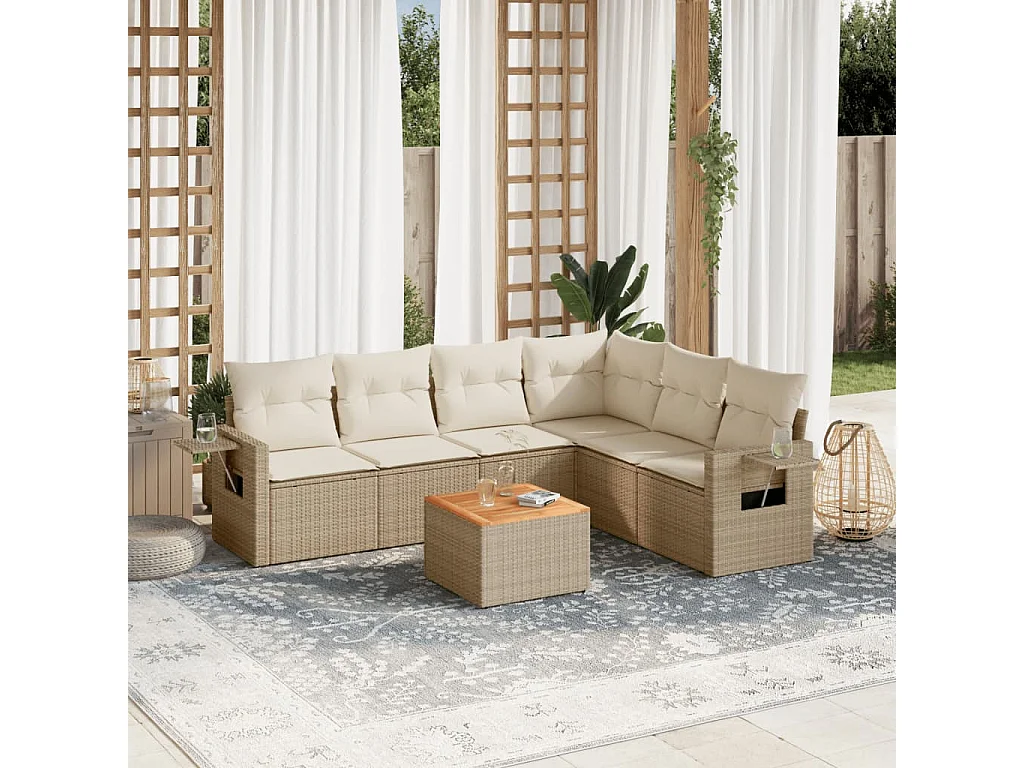 Salon de jardin avec coussins 7 pcs beige résine tressée