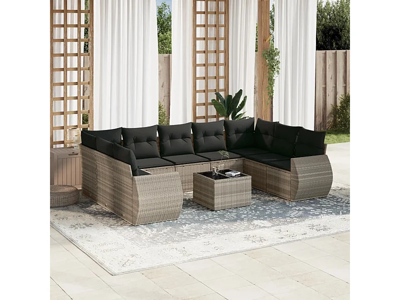 Muebles de jardín con cojines 10 piezas de resina tejida gris claro.