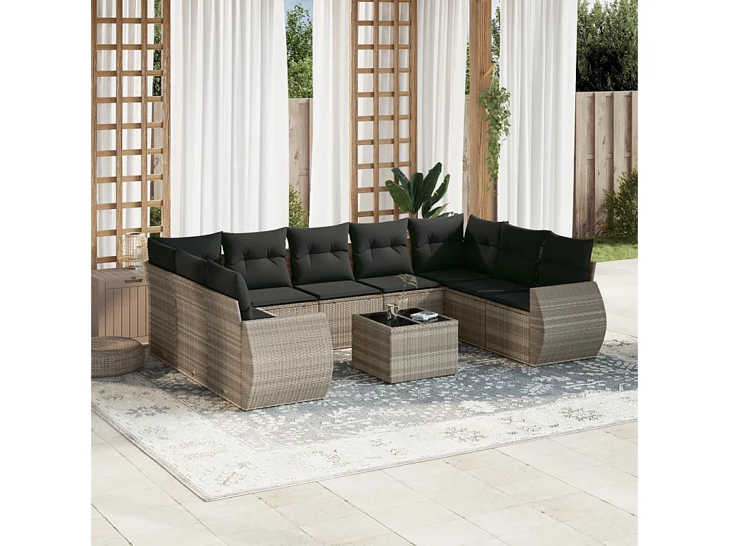 Muebles de jardín con cojines 10 piezas de resina tejida gris claro.
