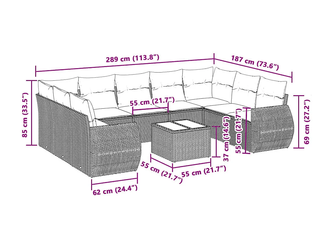 Muebles de jardín con cojines 10 piezas de resina tejida gris claro.