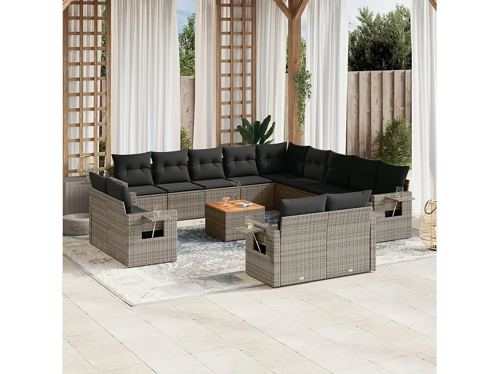 Gartenmöbel mit Kissen 14 Stück aus grauem Kunstharzgeflecht