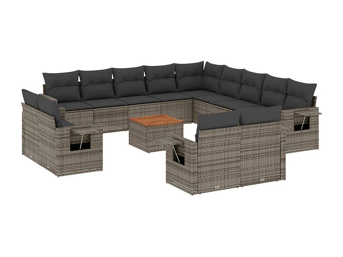 Gartenmöbel mit Kissen 14 Stück aus grauem Kunstharzgeflecht
